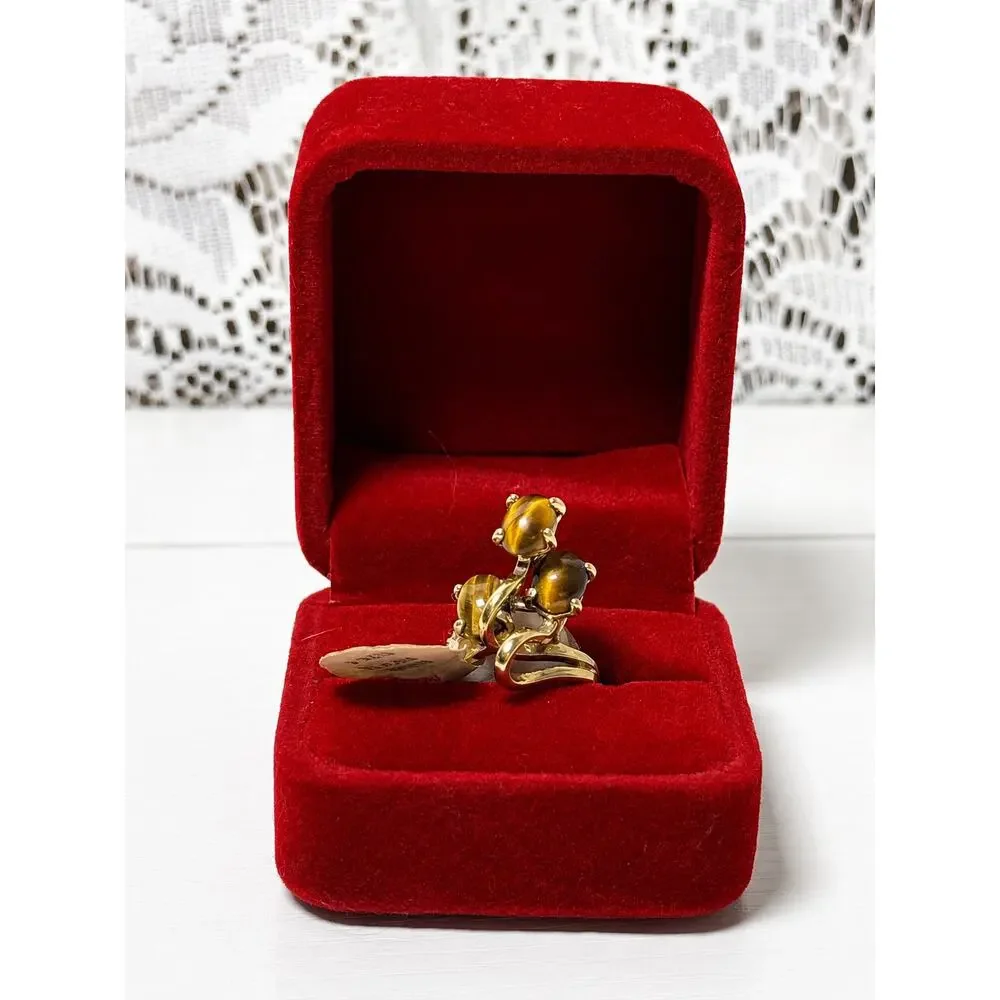 Vintage Karatclad Genuine Tiger Eye Ring 14KT HGE Gold Plate Size 5.75 NOS